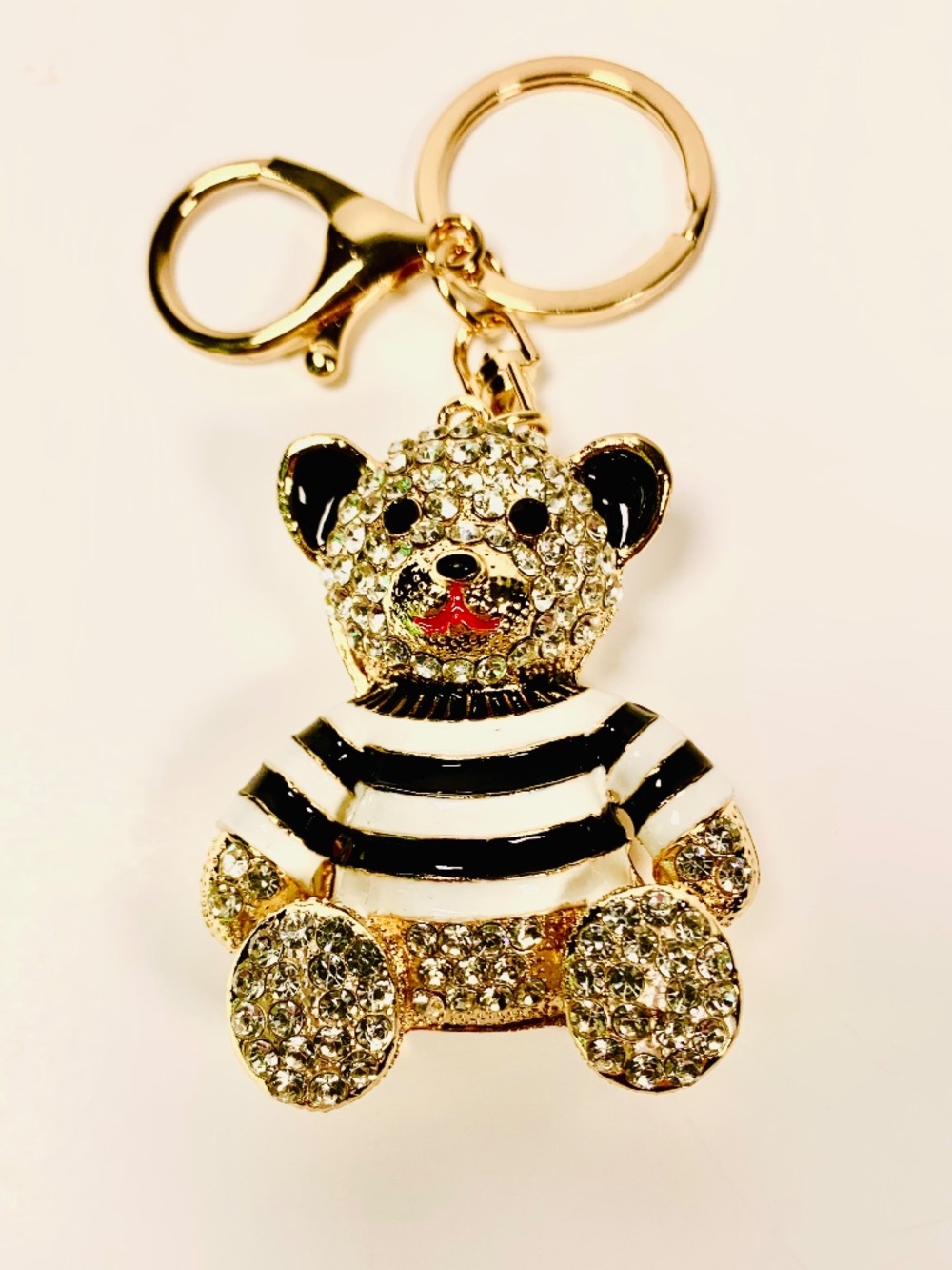 Fun Sparkly Teddy Bear crystal keychain black white enameled bag charm gold tone